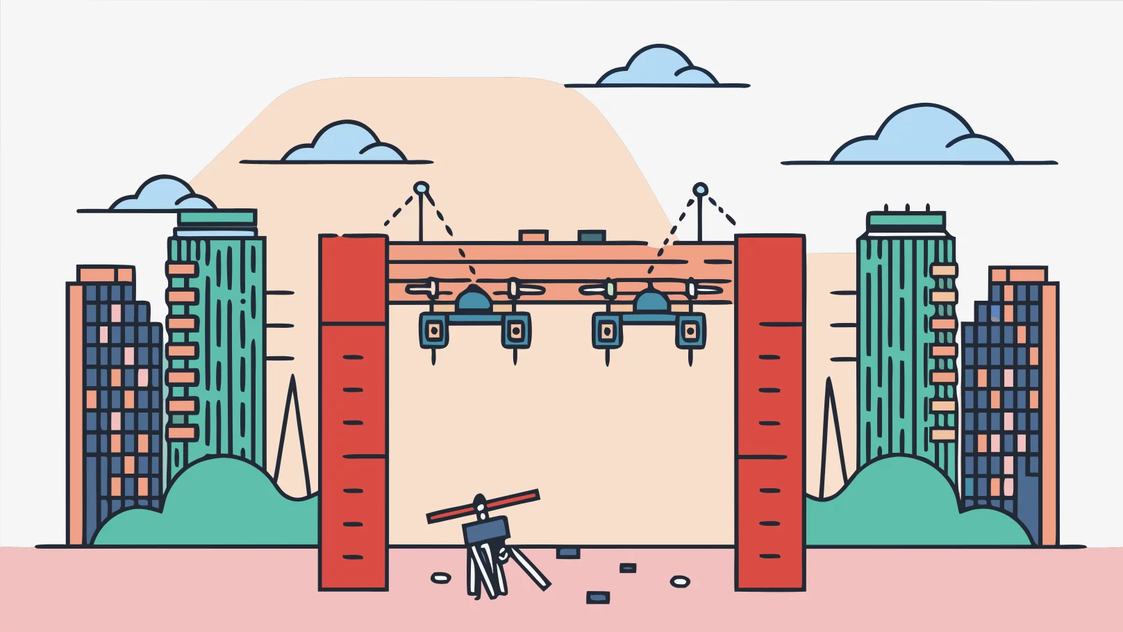 Illustration of a broken digital bridge with drones and urban cityscape in the background.