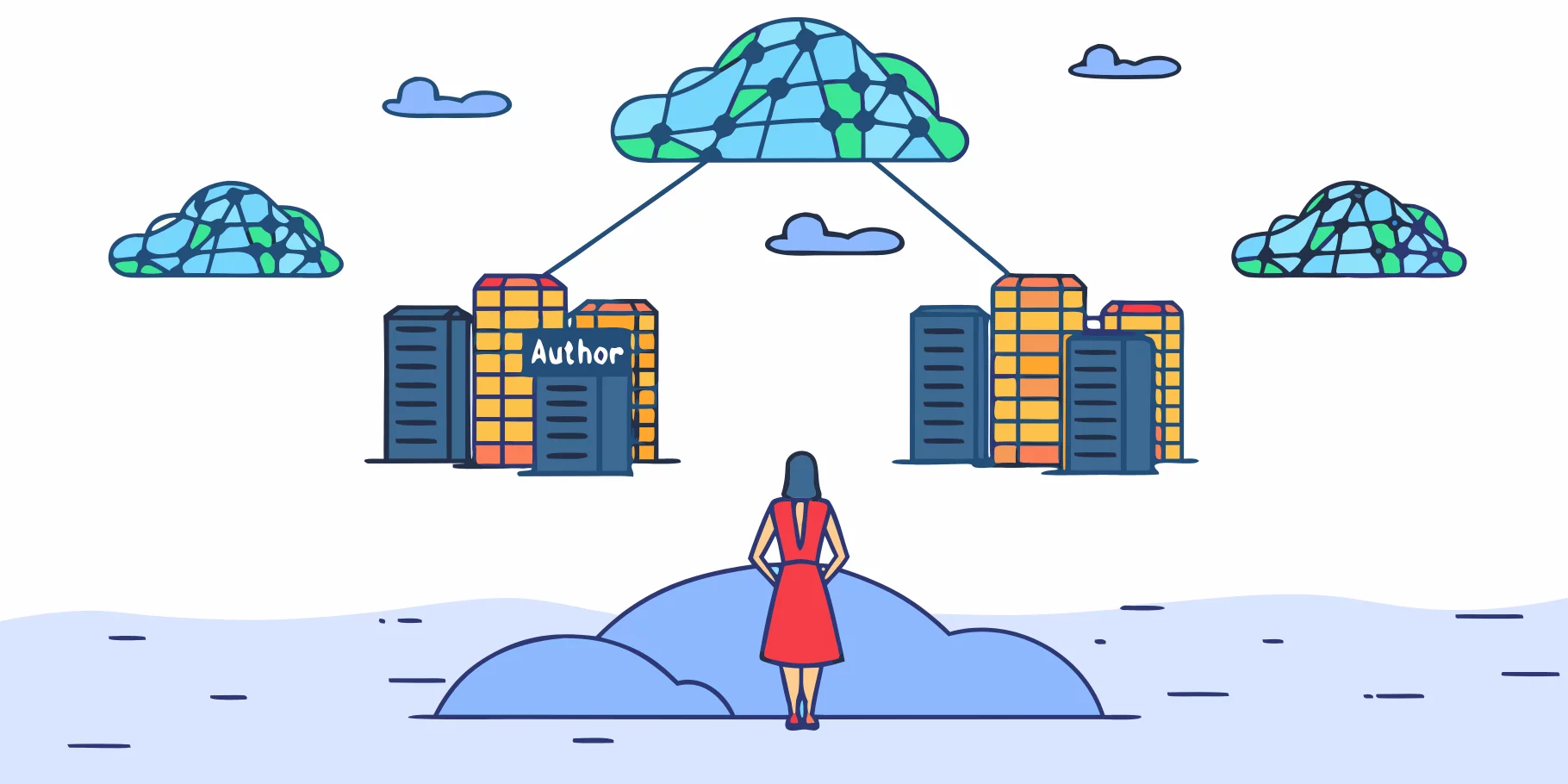 Illustration of a woman facing futuristic buildings connected to cloud networks