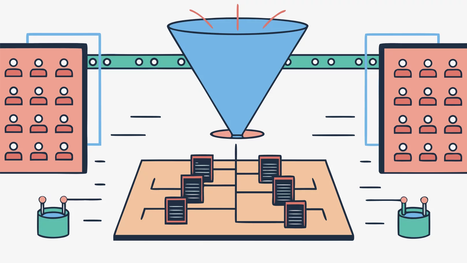 Isometric 3D illustration of a digital funnel processing data into organized outputs