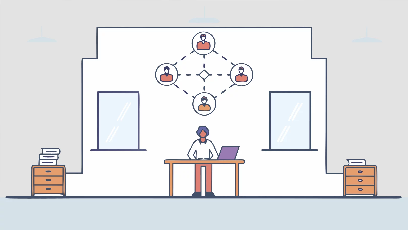 Illustration of a person in an office with a network diagram connecting team members above.