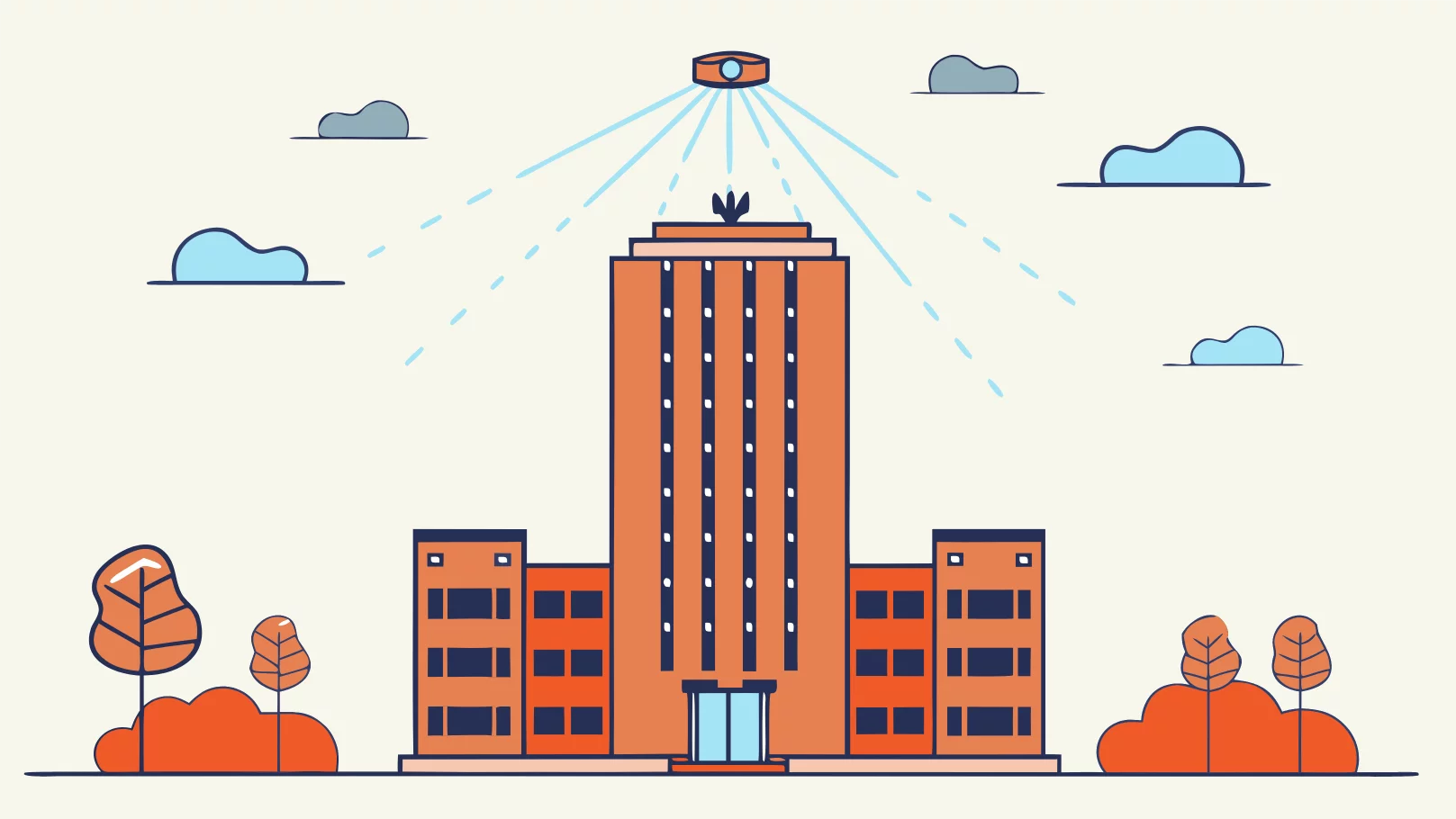 Illustration of a modern skyscraper with trees and clouds, representing SEO foundation concepts.