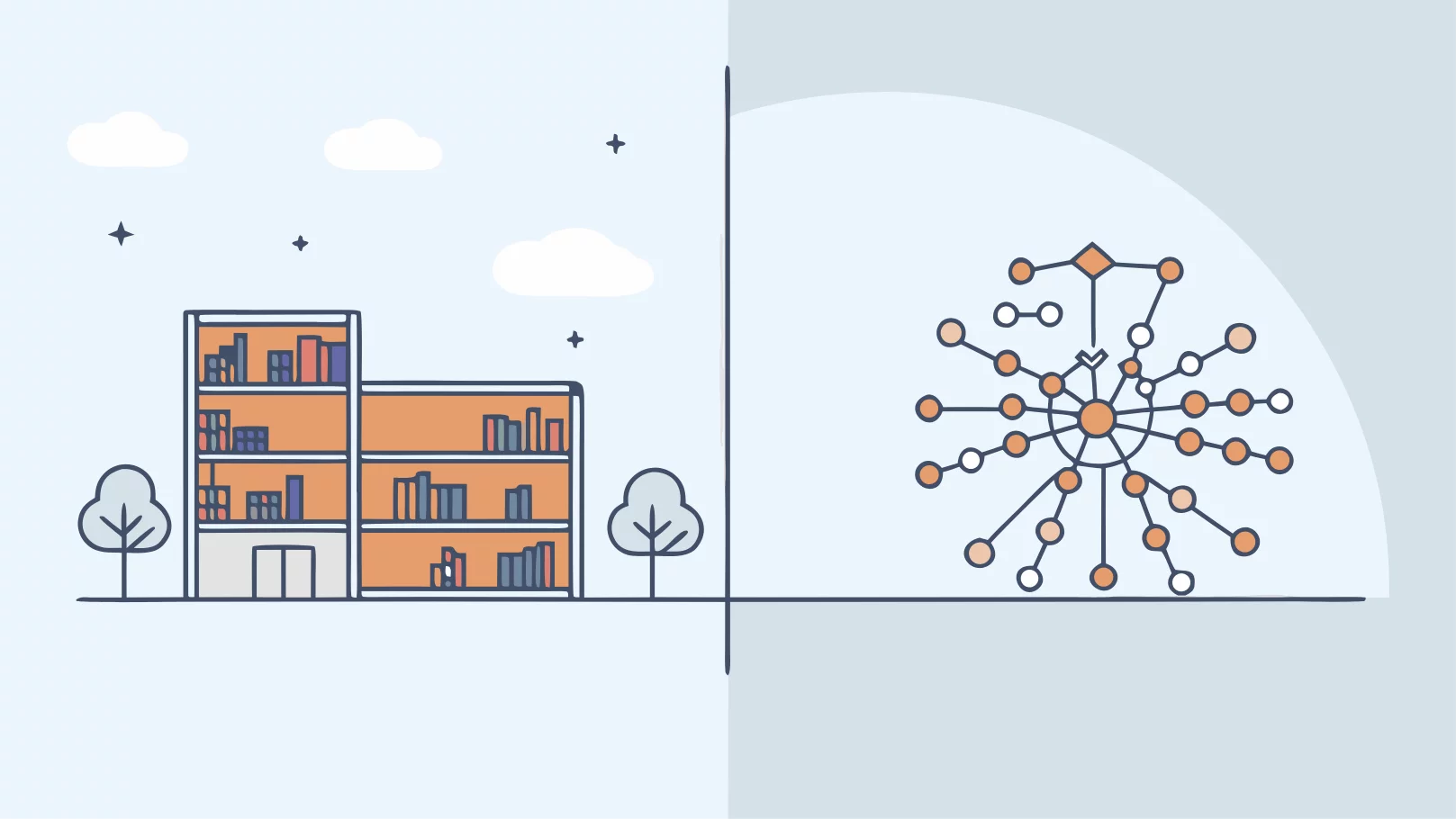 Split screen showing a library and a data network, symbolizing knowledge and digital connectivity.