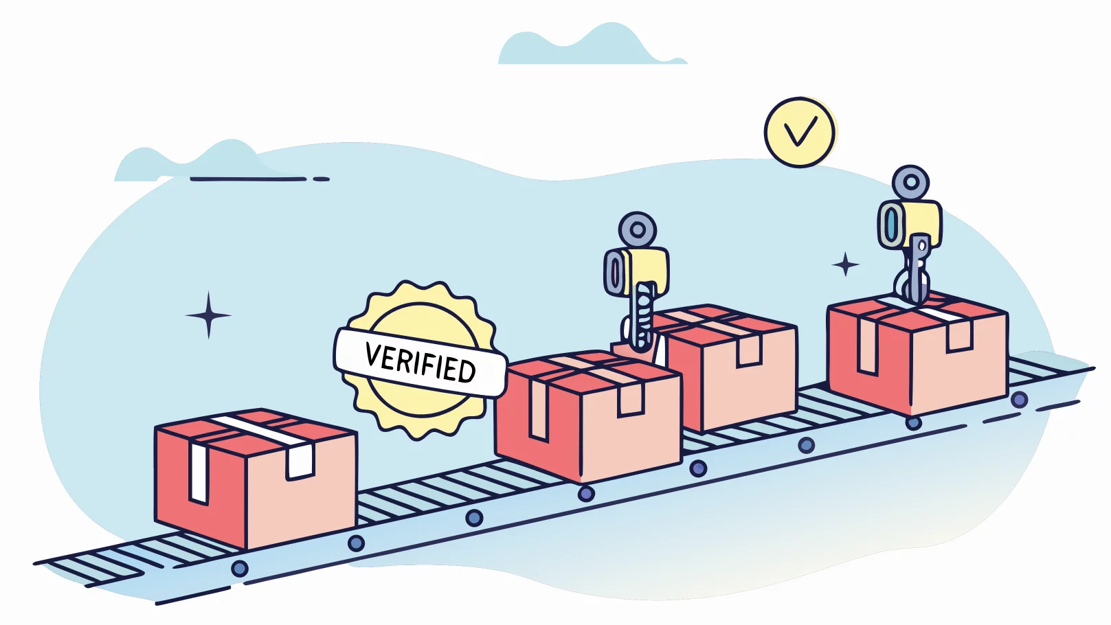 Conveyor belt with boxes undergoing quality verification process with a verified badge.