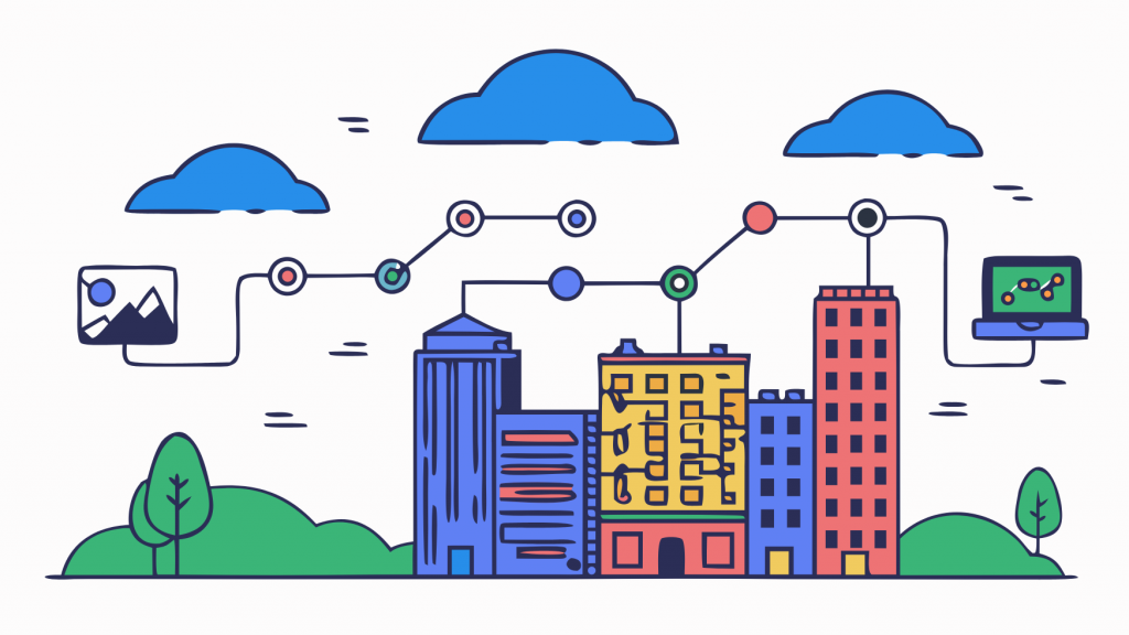 Abstrakte Visualisierung von content distribution für ai mit lilafarbenen und blauen geometrischen Mustern, die KI-gestützte Such-Optimierungskonzepte darstellen