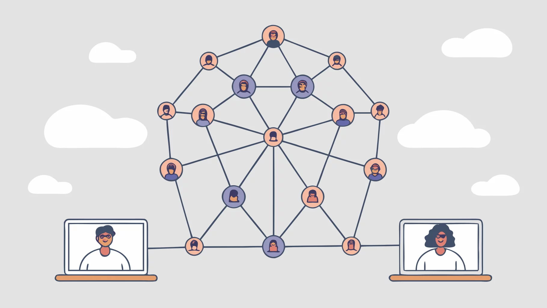 Abstract visualization of a semantic network with interconnected nodes and laptops.