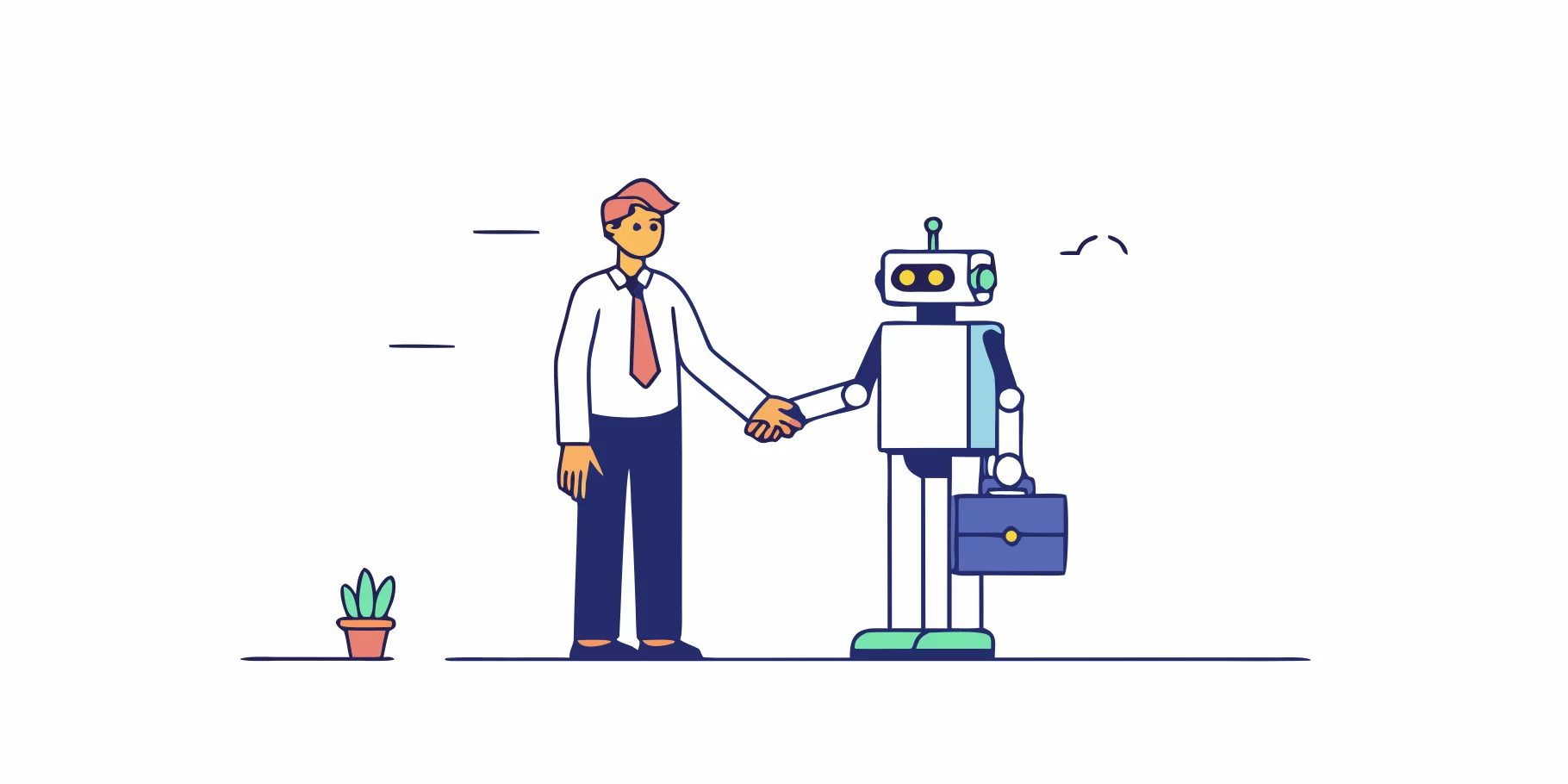 Illustration of a man shaking hands with a robot, symbolizing human and AI collaboration.
