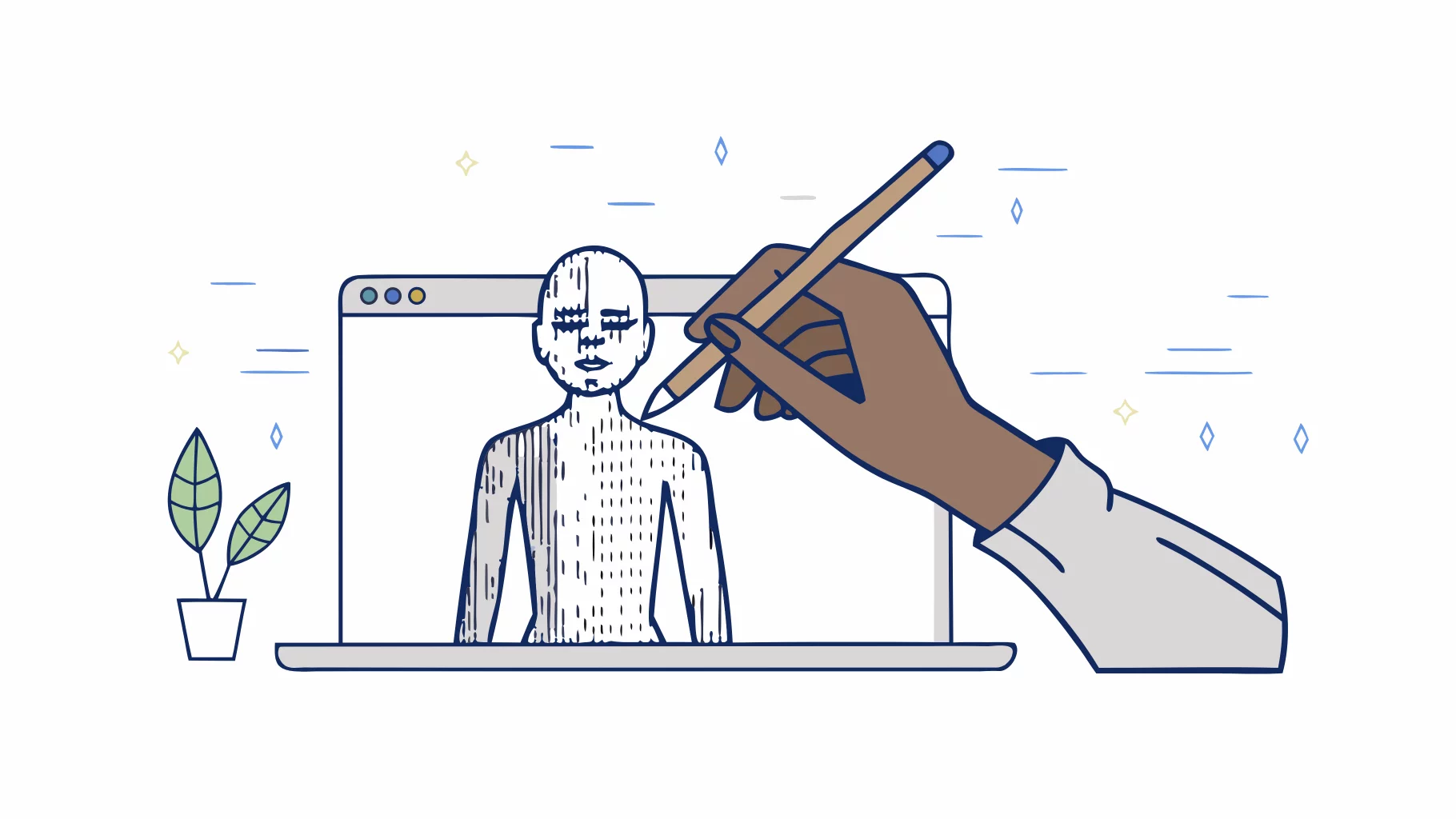 Illustration of a digital artist sculpting a figure on a screen with a pencil in hand.