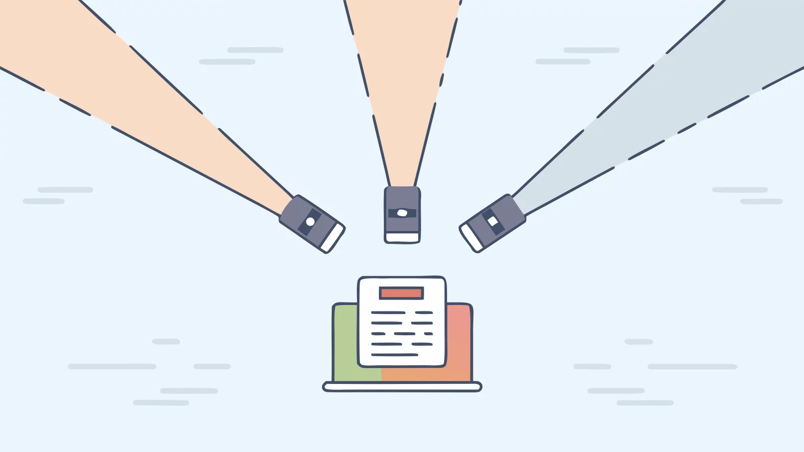 Conceptual art showing content on a laptop with spotlights shining from smartphones.