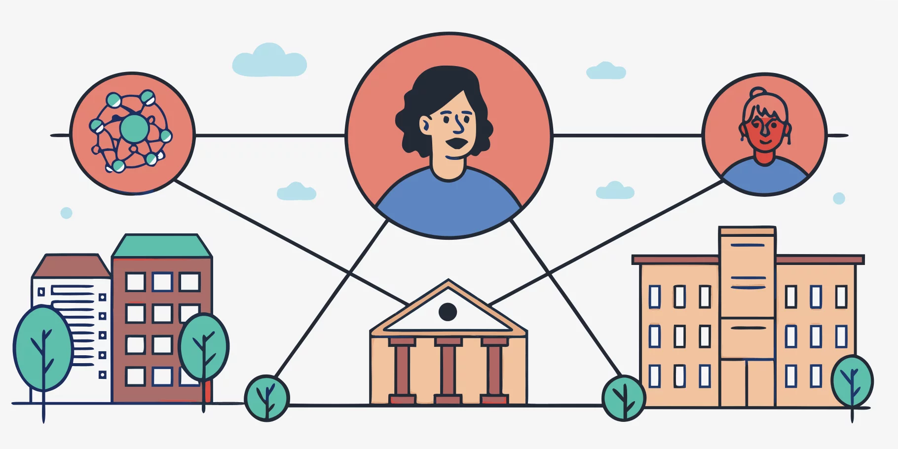 Illustration of a trust graph showing interconnected people and buildings with a network diagram.
