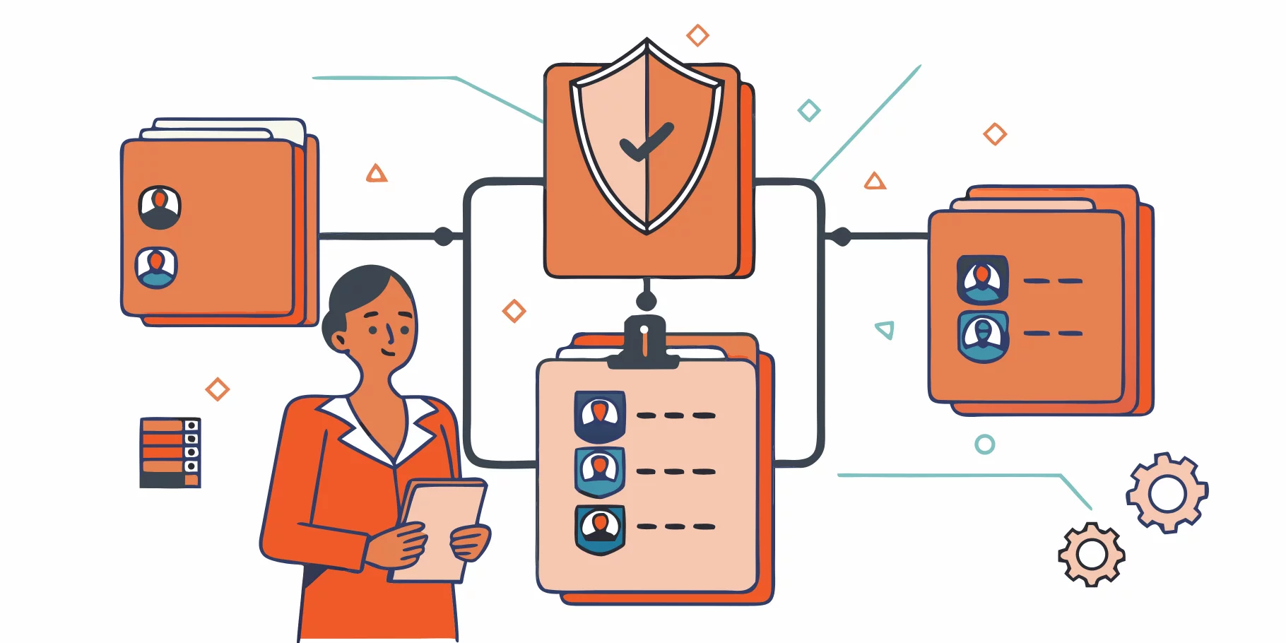 Illustration of governance system with folders, user profiles, and shield icon for data security.