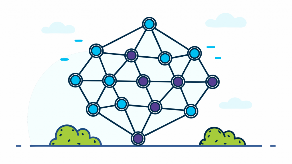 Abstrakte Visualisierung von entity-first seo mit lilafarbenen und blauen geometrischen Mustern, die KI-gestützte Such-Optimierungskonzepte darstellen