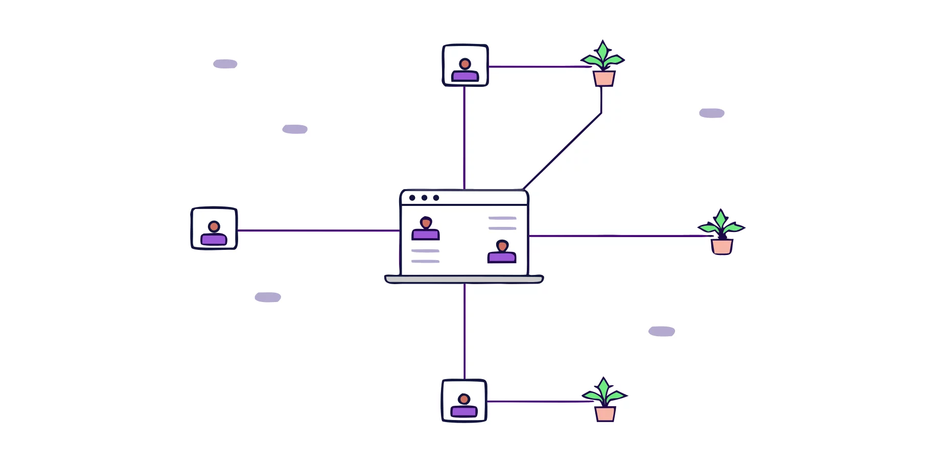Illustration of a digital network with connected user icons and plants.