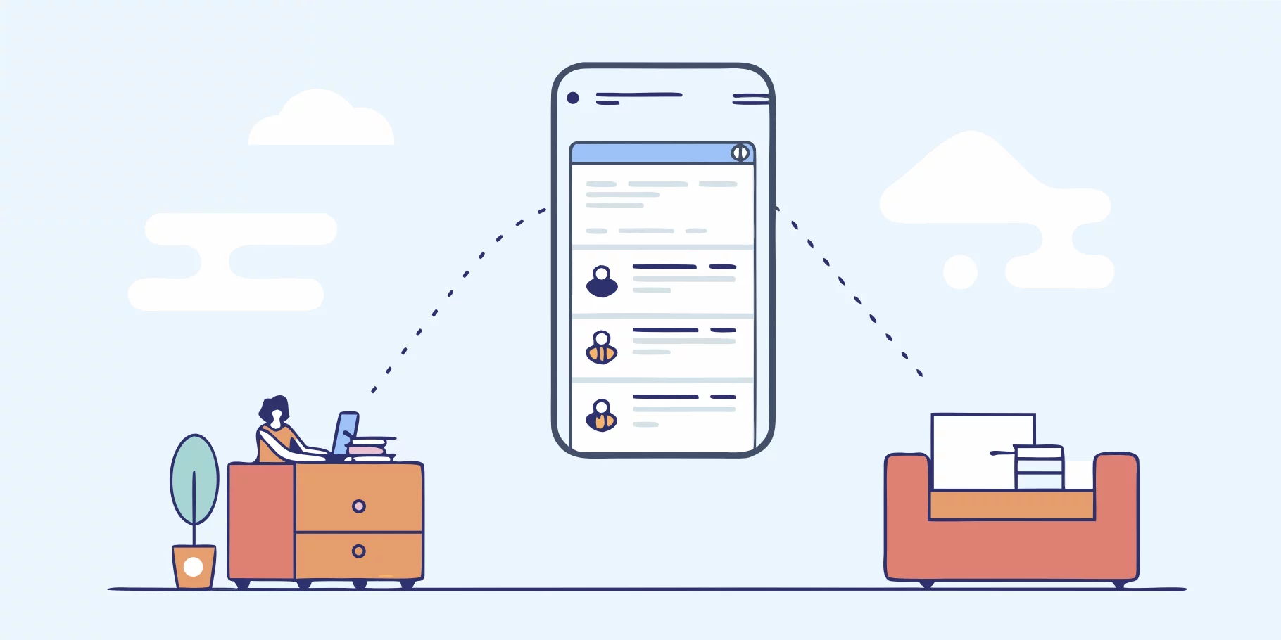 Illustration of a digital connection concept with a large smartphone and remote work setup.