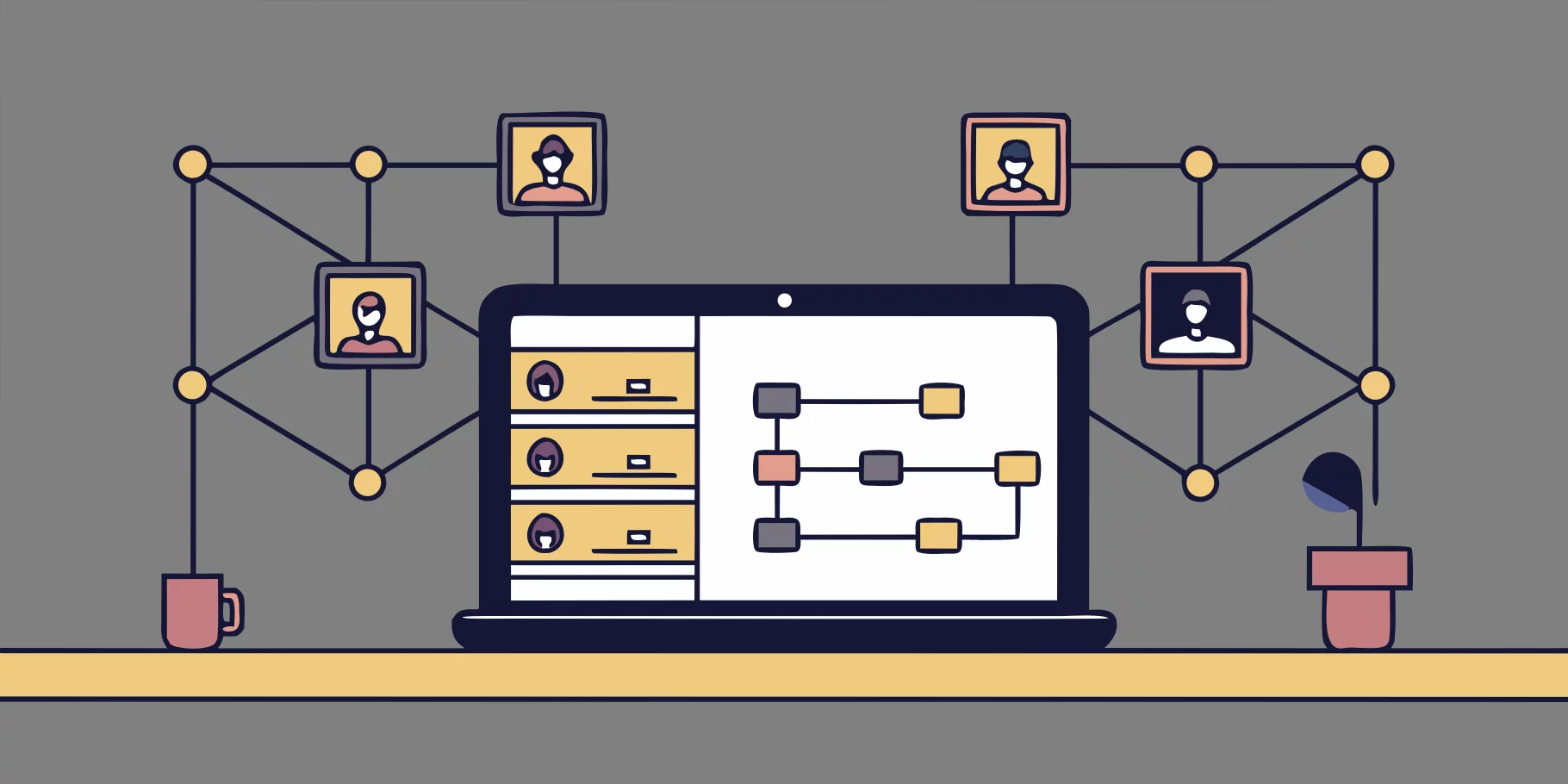 Illustration of a laptop showing workflow diagrams and connected user profiles, symbolizing digital collaboration.