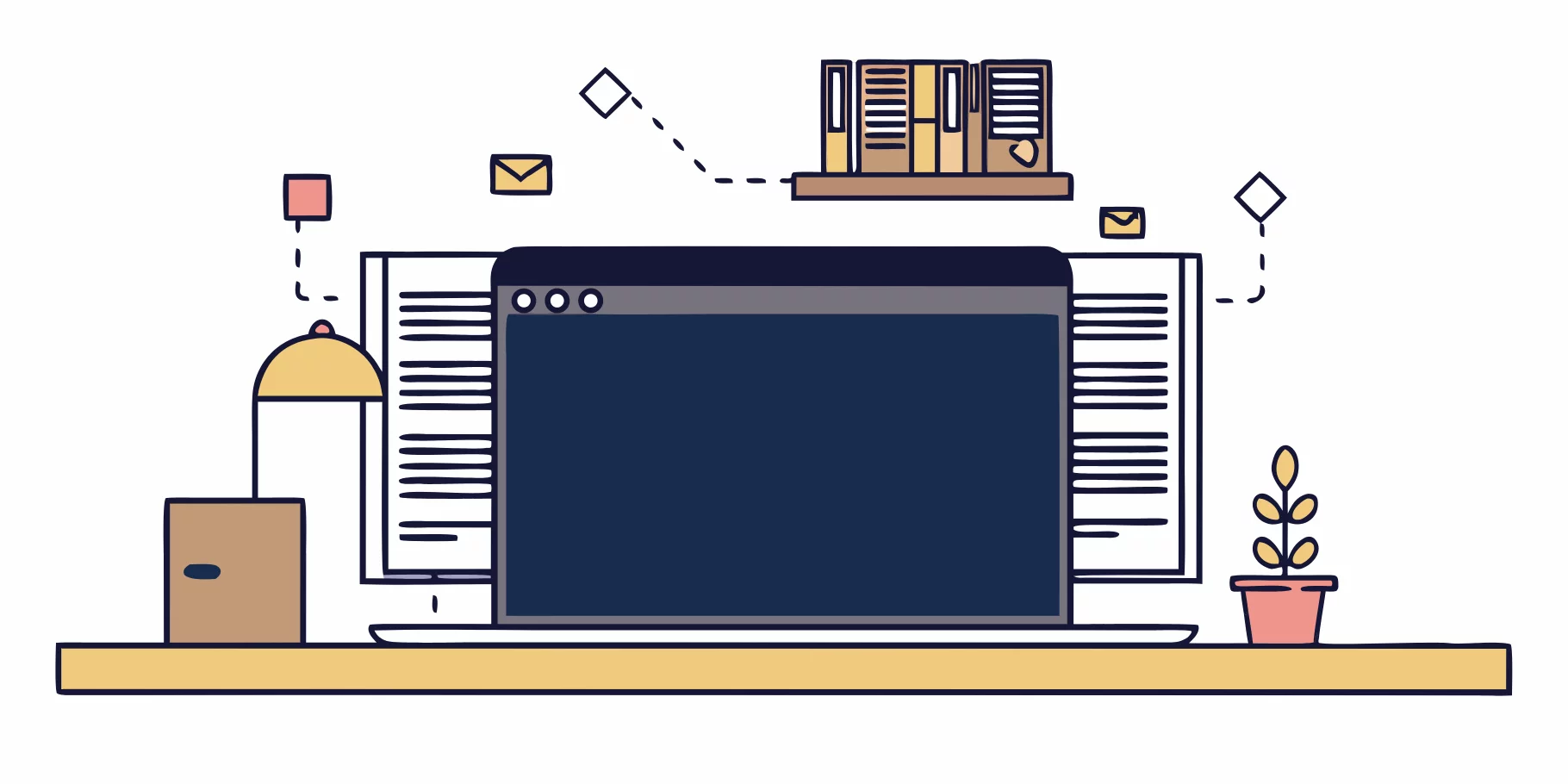 Minimalist illustration of a laptop on a desk with digital elements and bookshelf decor.