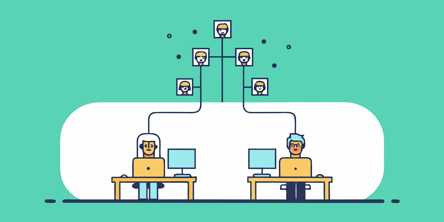 Illustration of two people using computers with connected network structure and profile icons.