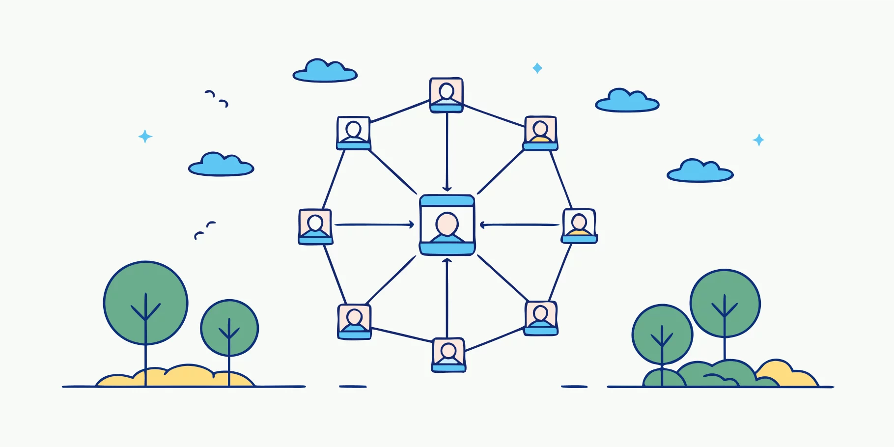 Minimalist semantic map illustration with interconnected user icons and natural elements.