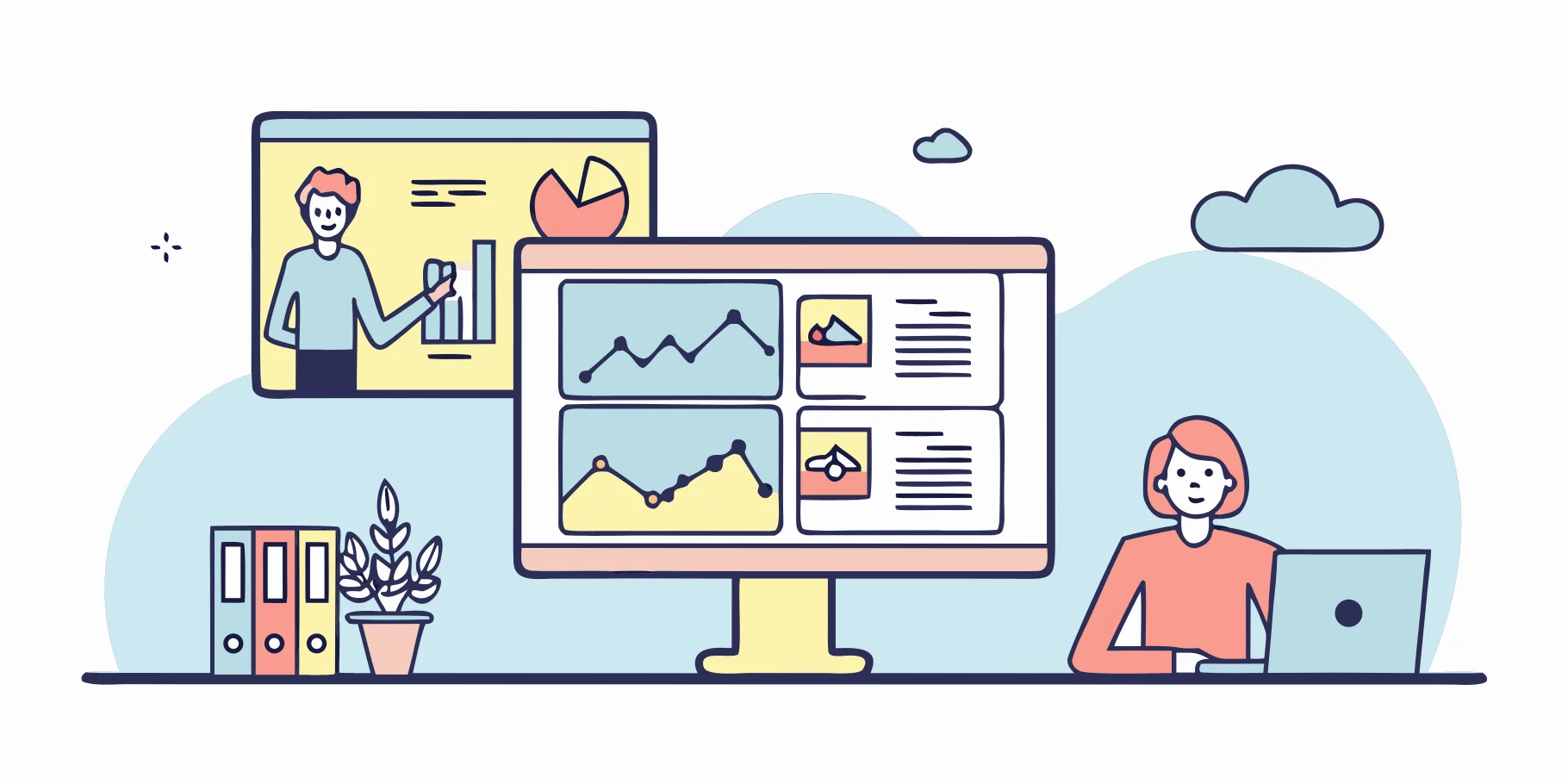 Illustration of a dashboard displaying KPIs with graphs and a person working on a laptop.