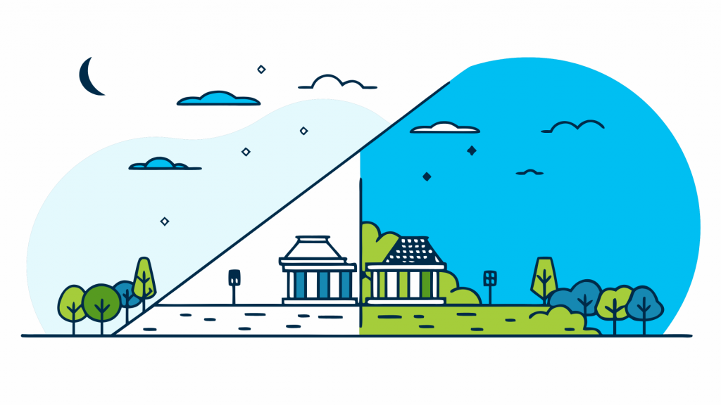 Abstrakte Visualisierung von geo vs. seo mit lilafarbenen und blauen geometrischen Mustern, die KI-gestützte Such-Optimierungskonzepte darstellen