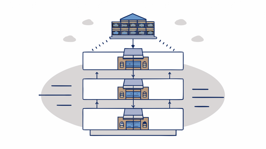 Abstrakte Visualisierung von der ai seo stack mit lilafarbenen und blauen geometrischen Mustern, die KI-gestützte Such-Optimierungskonzepte darstellen